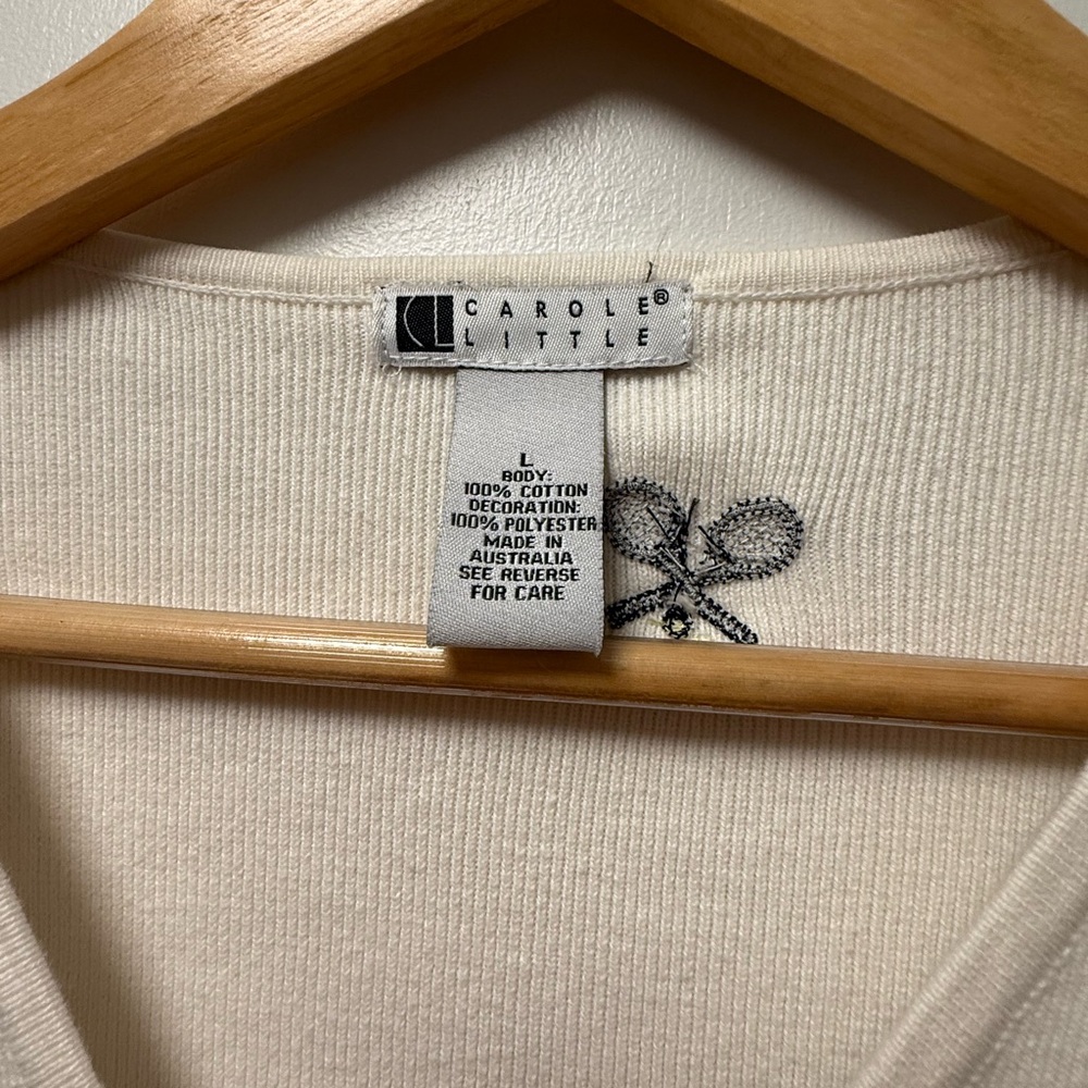 Carole Little Embroidered Tennis Racket Cardigan Cotton Sweater Ivory | Size L - Picture 2 of 5